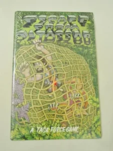 Board game cover with the title "ESCAPE FROM ATLANTIS" in stylized text above an illustration of hands reaching out from beneath a grid resembling a net, surrounded by foliage, with the subtitle "TASK FORCE GAME" below.