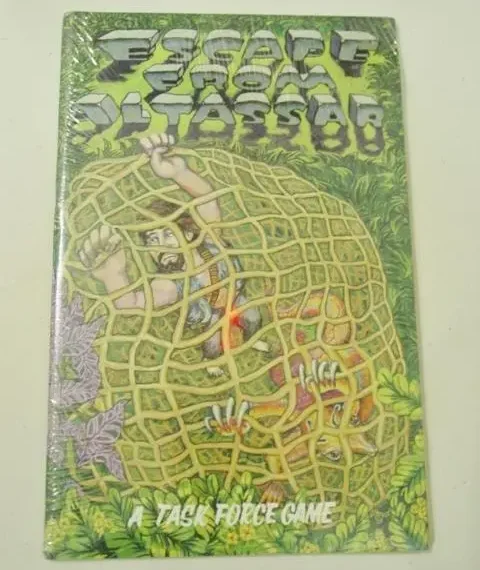 Board game cover with the title "ESCAPE FROM ATLANTIS" in stylized text above an illustration of hands reaching out from beneath a grid resembling a net, surrounded by foliage, with the subtitle "TASK FORCE GAME" below.