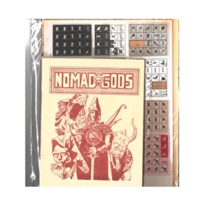 A board game called "Nomad Gods" with an illustrated cover depicting various fantastical characters, accompanied by several sheets of paper tokens with symbols and figures.