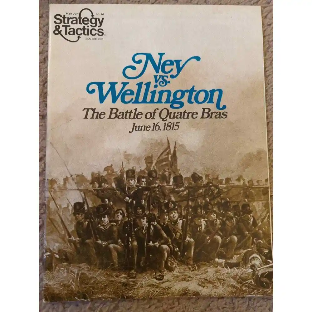 A magazine cover for "Strategy & Tactics" featuring the title "Ney vs. Wellington: The Battle of Quatre Bras, June 16, 1815," with an aged paper background and an illustration of a Napoleonic era battle scene below the text.