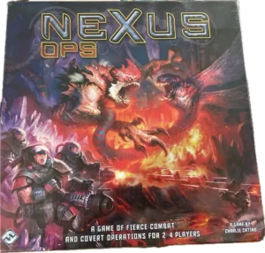 Board game cover for "NEXUS OPS," depicting futuristic soldiers battling dragons amidst fiery explosions, with text "A Game of Fierce Combat and Covert Operations for 2-4 Players" at the bottom.