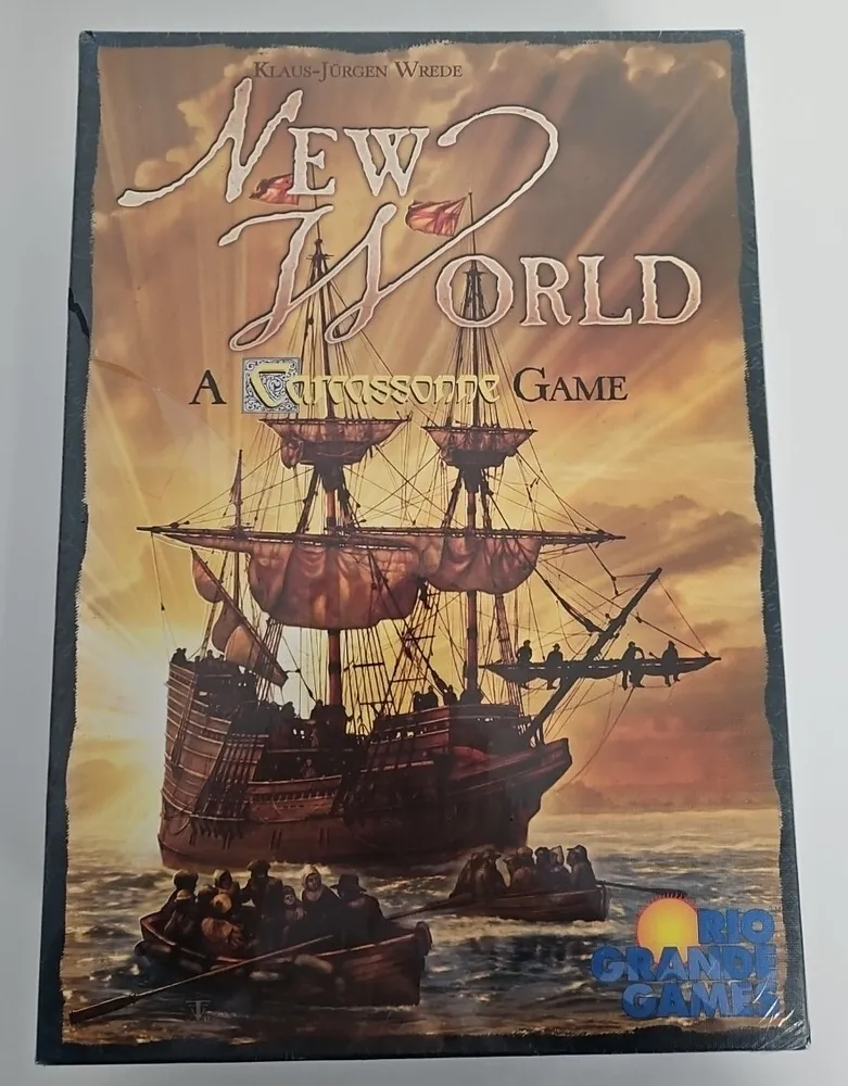 A board game cover titled "New World: A Carcassonne Game" by Klaus-Jürgen Wrede, featuring an illustrated scene of a large sailing ship with several smaller rowboats and a sunset in the background. The Rio Grande Games logo is visible at the bottom right.