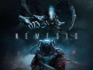 Alt text: A digital artwork depicting an armored space marine in the foreground with the word "NEMESIS" below, facing a menacing, large alien creature in the background, set in a dark, atmospheric sci-fi environment.
