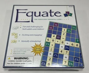 A boxed board game named "Equate: The Equation Thinking Game," described as fun, exciting, and mentally stimulating for both adults and children, for 2 to 4 players or teams, suitable for ages 8 to adult, with various levels of play. The box features gameplay elements such as numbered tiles and mathematical symbols on a grid. A warning label for a choking hazard due to small parts is visible, indicating it is not for children under 3 years.