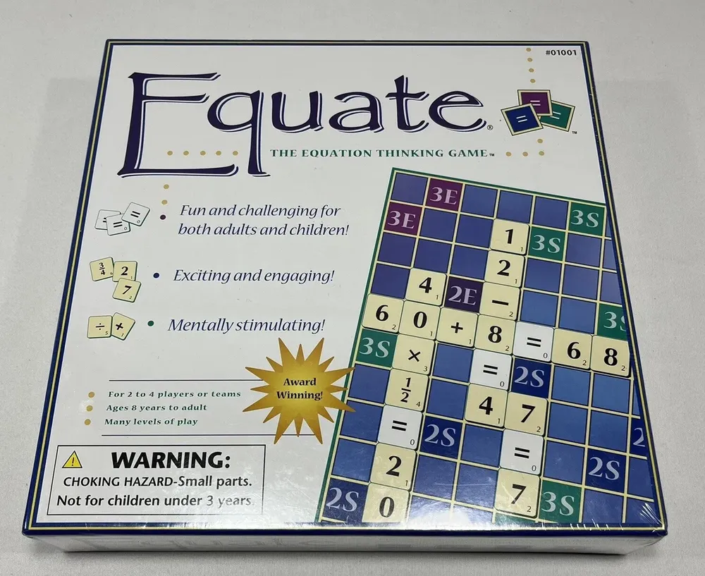A boxed board game named "Equate: The Equation Thinking Game," described as fun, exciting, and mentally stimulating for both adults and children, for 2 to 4 players or teams, suitable for ages 8 to adult, with various levels of play. The box features gameplay elements such as numbered tiles and mathematical symbols on a grid. A warning label for a choking hazard due to small parts is visible, indicating it is not for children under 3 years.
