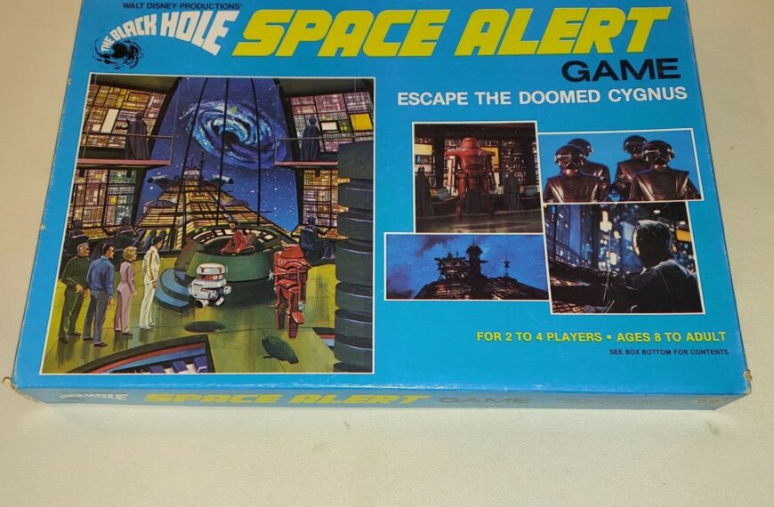 Vintage "The Black Hole Space Alert Game" board game box featuring artwork of characters and scenes from the movie, with a text that reads "Escape the Doomed Cygnus - For 2 to 4 Players - Ages 8 to Adult."