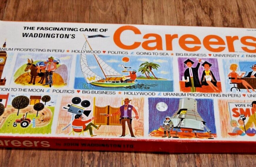 Vintage "The Fascinating Game of Waddington's Careers" board game box with colorful illustrations of various professions, including space exploration, politics, sailing, business, and farming, placed on a wooden floor.