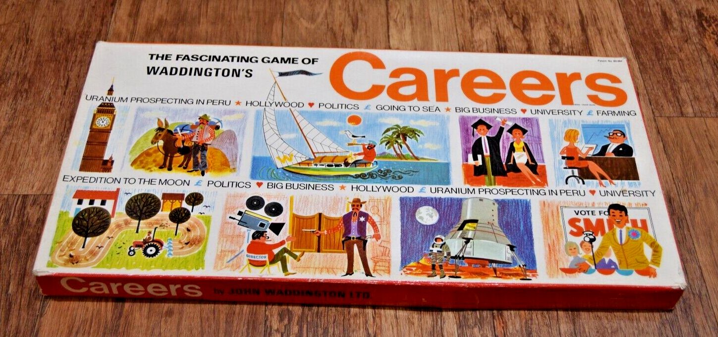 Vintage "The Fascinating Game of Waddington's Careers" board game box with colorful illustrations of various professions, including space exploration, politics, sailing, business, and farming, placed on a wooden floor.
