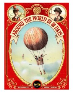 Illustrated cover for "Around the World in 80 Days" showing a hot air balloon mid-flight with two characters, one in each top corner, against a sky backdrop with a European landmark in the distance, framed by an ornate red and gold border. The publisher's logo is at the bottom.