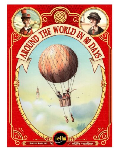 Illustrated cover for "Around the World in 80 Days" showing a hot air balloon mid-flight with two characters, one in each top corner, against a sky backdrop with a European landmark in the distance, framed by an ornate red and gold border. The publisher's logo is at the bottom.