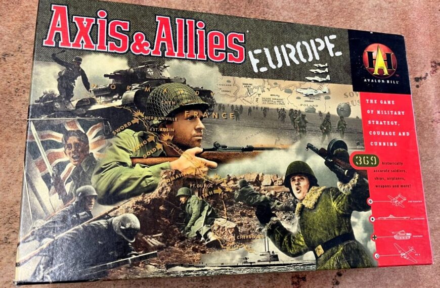 The image shows the board game "Axis & Allies: Europe" by Avalon Hill. The cover art features a collage of World War II themed images including soldiers, tanks, and planes with a map of Europe in the background. There are text elements highlighting the game's focus on military strategy, courage, and cunning, as well as components like historically accurate soldiers, ships, airplanes, weapons, and more.