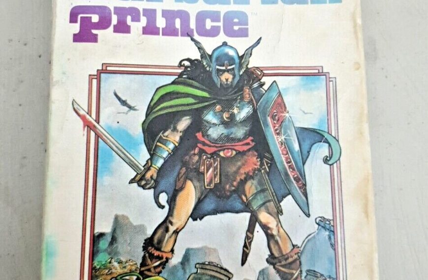 A worn tabletop game book titled "Barbarian Prince," with artwork of a helmeted warrior holding a sword and shield on the cover. The subtitle reads "A GAME OF HEROIC COMBAT IN A FORGOTTEN AGE OF BARBARISM AND SORCERY." "Game Design by Arnold Hendrick" is noted at the bottom.