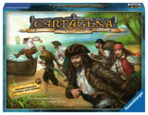 Box cover of "Cartagena" board game by Leo Colovini, depicting illustrated pirates fleeing toward a rowboat on a beach, with tropical vegetation in the background and a sailing ship on the horizon. The logo and branding are prominently displayed at the top, and there is German text at the bottom indicating the game is for ages 8 and up and offers exciting escape gameplay. The Ravensburger logo is in the bottom right corner.