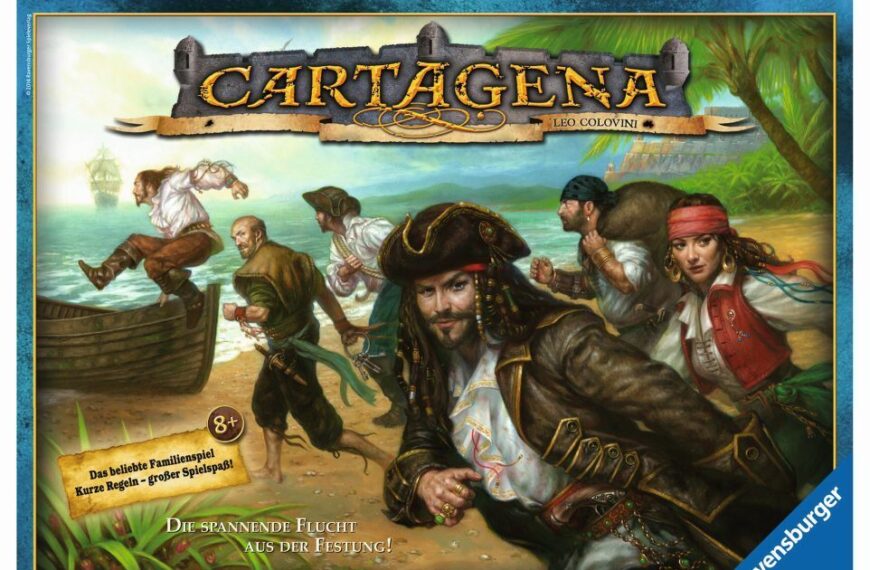 Box cover of "Cartagena" board game by Leo Colovini, depicting illustrated pirates fleeing toward a rowboat on a beach, with tropical vegetation in the background and a sailing ship on the horizon. The logo and branding are prominently displayed at the top, and there is German text at the bottom indicating the game is for ages 8 and up and offers exciting escape gameplay. The Ravensburger logo is in the bottom right corner.
