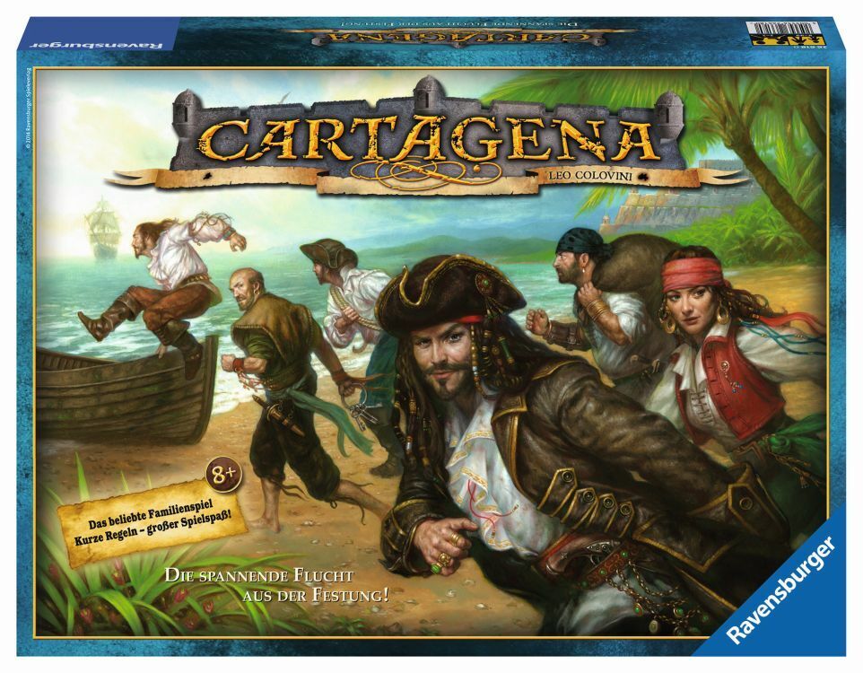Box cover of "Cartagena" board game by Leo Colovini, depicting illustrated pirates fleeing toward a rowboat on a beach, with tropical vegetation in the background and a sailing ship on the horizon. The logo and branding are prominently displayed at the top, and there is German text at the bottom indicating the game is for ages 8 and up and offers exciting escape gameplay. The Ravensburger logo is in the bottom right corner.