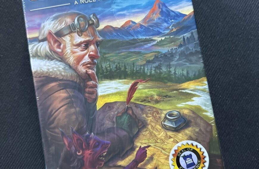 A photo of the board game "Cartographers: A Roll Player Tale" by Jordy Adan, sealed in plastic wrapping. The cover features an illustration of a bearded man with a pair of goggles on his head looking to the side and a red, fox-like creature holding a quill, both over a background depicting a fantasy landscape with mountains. The game is produced by Thunderworks Games and has a "Seal of Excellence" sticker from The Dice Tower.