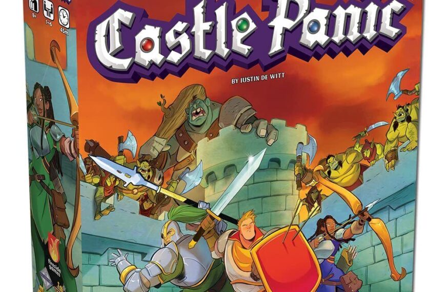 "Castle Panic board game box cover featuring cartoon-style knights defending a castle from an attacking horde of fantasy monsters."