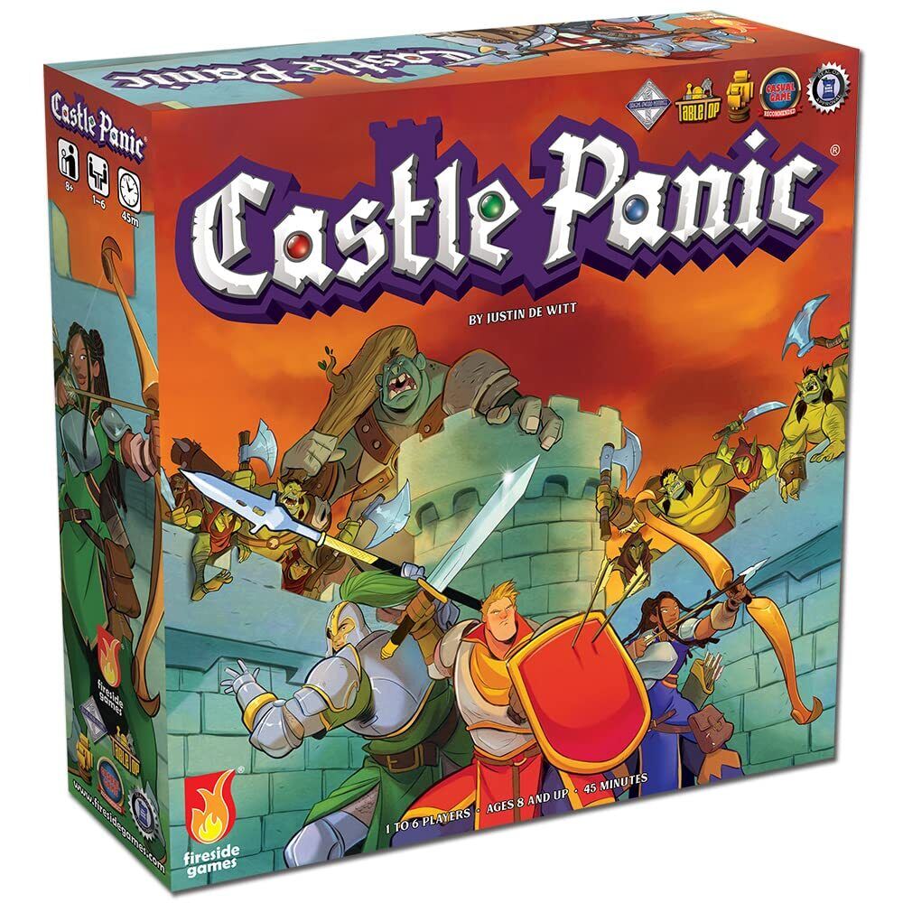 "Castle Panic board game box cover featuring cartoon-style knights defending a castle from an attacking horde of fantasy monsters."