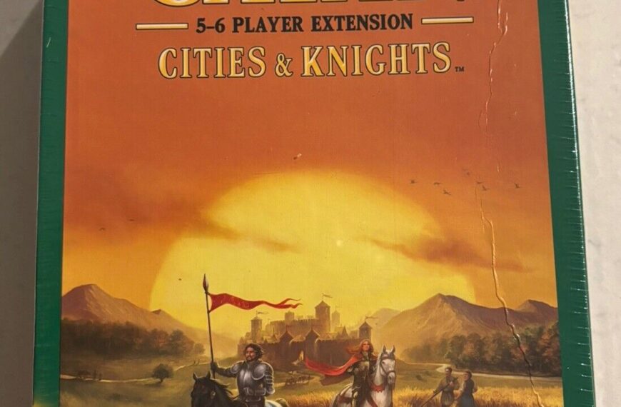 The image displays a sealed box of "CATAN 5-6 Player Extension Cities & Knights Board Game" with artwork featuring medieval knights on horses against a backdrop of a countryside at sunset.