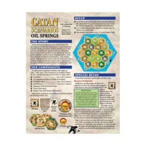 Promotional leaflet for Catan Scenarios: Oil Springs, featuring game setup instructions, a hexagonal board layout, new components including various tokens (oil, metropolis, disaster marker, champion of the environment, victory point), and a section outlining special rules for gameplay.