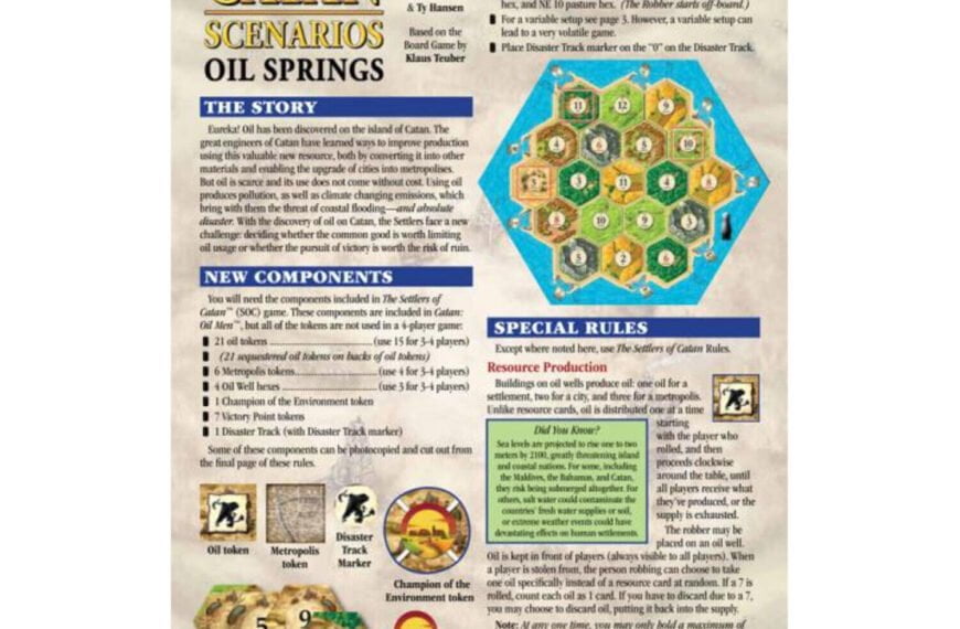 Promotional leaflet for Catan Scenarios: Oil Springs, featuring game setup instructions, a hexagonal board layout, new components including various tokens (oil, metropolis, disaster marker, champion of the environment, victory point), and a section outlining special rules for gameplay.