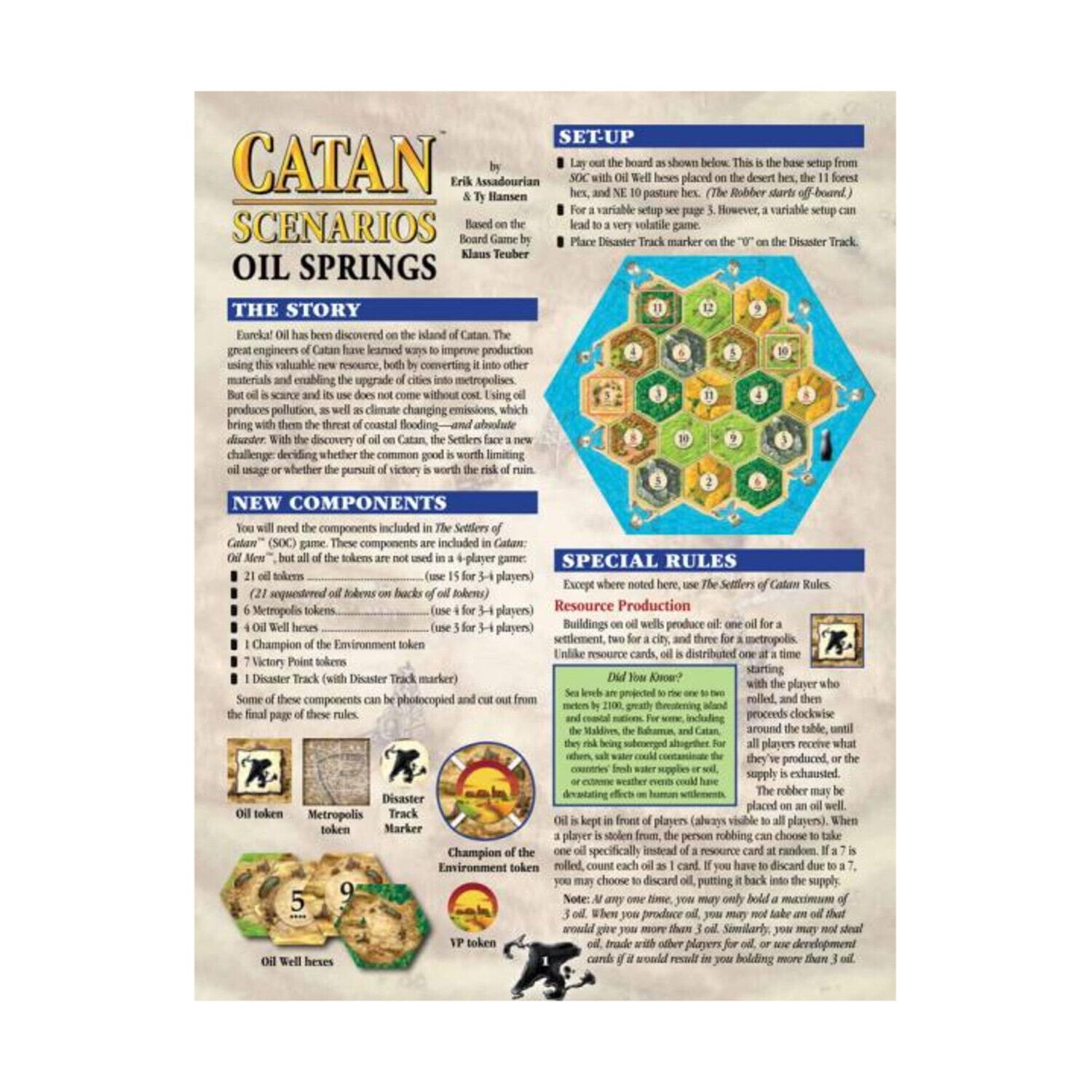 Promotional leaflet for Catan Scenarios: Oil Springs, featuring game setup instructions, a hexagonal board layout, new components including various tokens (oil, metropolis, disaster marker, champion of the environment, victory point), and a section outlining special rules for gameplay.
