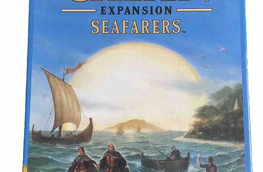 Board game cover for "Klaus Teuber's Catan Expansion: Seafarers" with artwork depicting a sailboat and people in small boats on choppy waters with an island in the background.