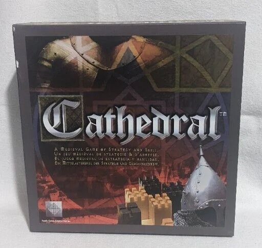 A boxed board game titled "Cathedral," displaying a medieval themed graphic design and text that describes the game as a tactical game of strategy and skill in three languages (English, Spanish, and German).