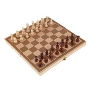 A wooden chessboard with all the chess pieces in the starting position, isolated on a white background.