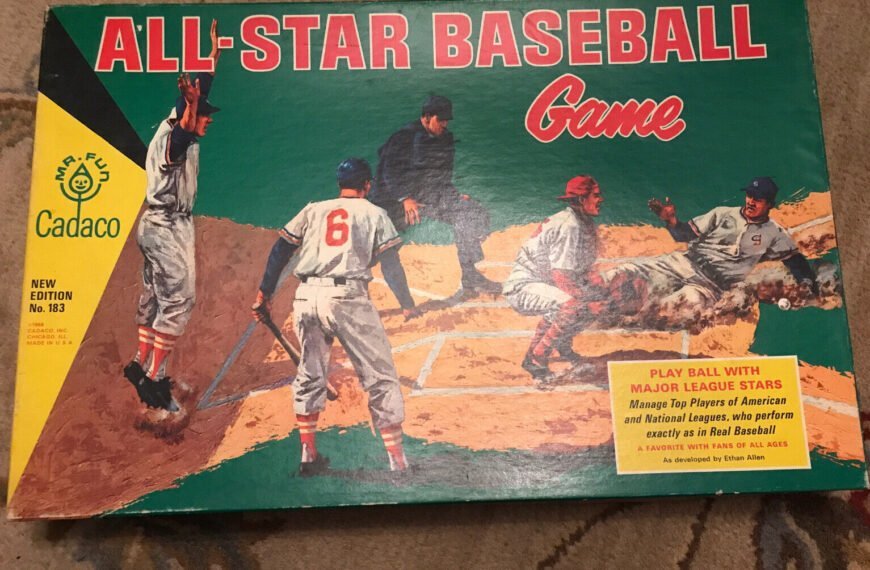 The image shows the cover of the "ALL-STAR BASEBALL Game" by Cadaco, featuring illustrated baseball players in action on the field with a vintage design. The cover includes text promoting the game as a way to play ball with major league stars and manage top players, indicating it is a board game for fans of all ages, developed by Ethan Allen. The bottom left corner states it's a "NEW EDITION No. 183" and that it's made in the USA.
