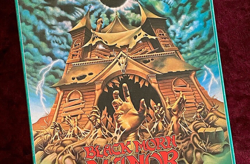 The image shows the box cover of "CHILL: Black Morn Manor," an adventure board game. The artwork features a dark, haunted manor with eerie figures and lightning in the background. The text indicates it is for 2-6 players, ages 12 to adult.