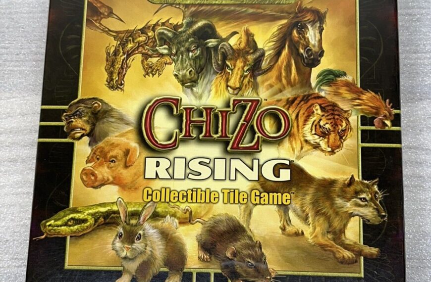 The image shows a boxed "Chizo Rising Starter Set" for a collectible tile game, featuring illustrations of various animals like a bull, horse, tiger, pig, snake, rabbit, rat, and a wolf on the cover.