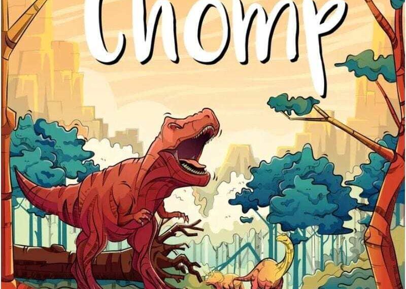 Alt text: Illustration of a large red Tyrannosaurus Rex roaring with its mouth open wide in a prehistoric landscape with trees, facing a much smaller, calm yellow dinosaur. The word "CHOMP" is prominently displayed at the top of the image.