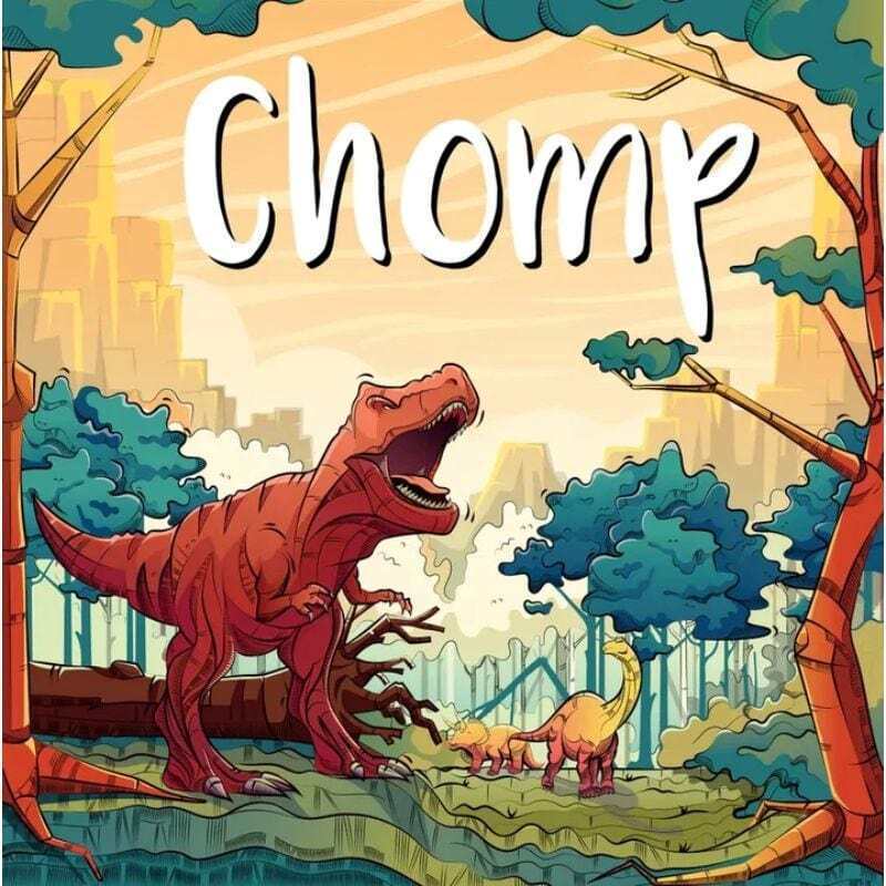 Alt text: Illustration of a large red Tyrannosaurus Rex roaring with its mouth open wide in a prehistoric landscape with trees, facing a much smaller, calm yellow dinosaur. The word "CHOMP" is prominently displayed at the top of the image.