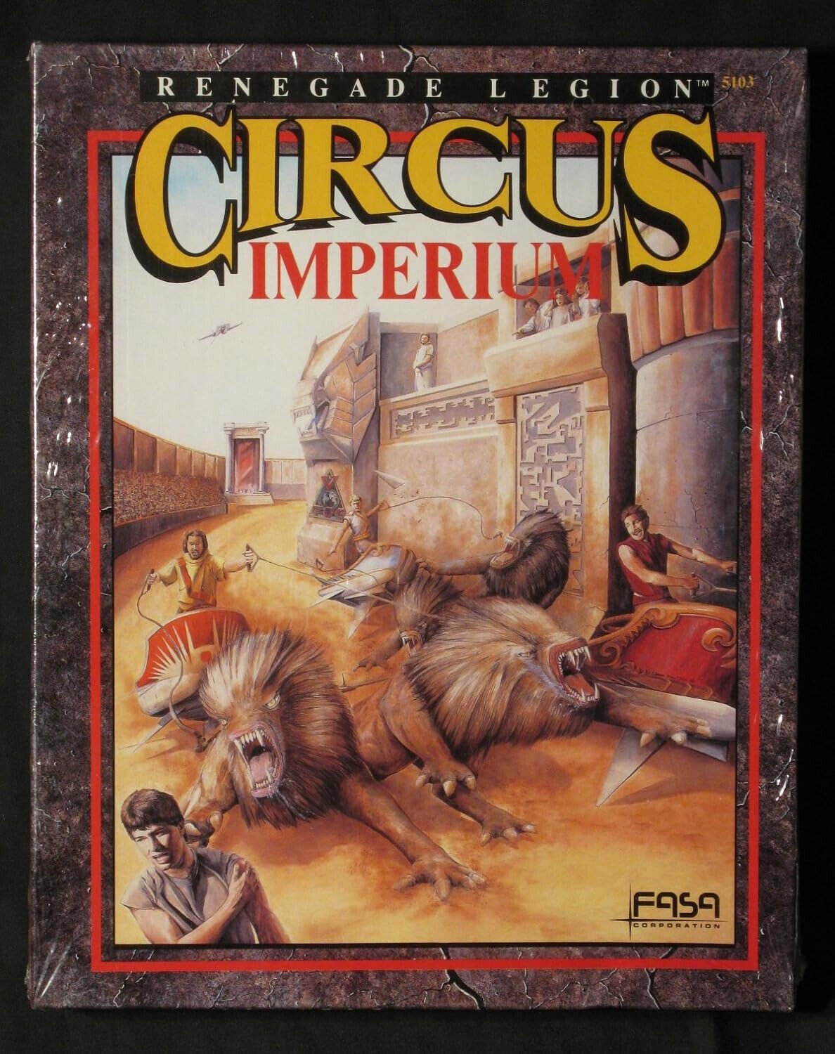 Alt text: Cover of the "Circus Imperium" board game depicting a chariot race with large, roaring alien beasts pulling the chariots in an arena, as an excited crowd watches. The title is prominently displayed at the top, and the game is identified as part of the Renegade Legion series by FASA Corporation.