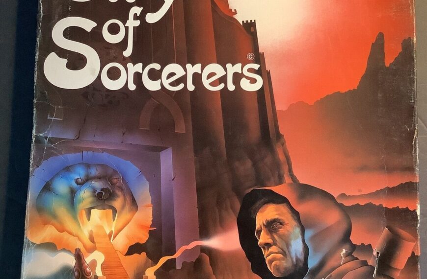 A worn fantasy book cover titled 'City of Sorcerers,' featuring a brooding cloaked figure with a staff in the foreground and a reddish sky over a silhouetted cityscape with towering spires in the background. The cover also notes 'Made in England.'