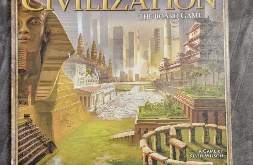 Board game cover for "Sid Meier's Civilization: The Board Game" depicting a blend of ancient and modern architectural wonders, with a partially visible Great Sphinx, a city skyline, ancient Southeast Asian temples, and East Asian traditional buildings, along with text indicating a game of culture, politics, and warfare for 2-4 players by Kevin Wilson, published by 2K and Firaxis.