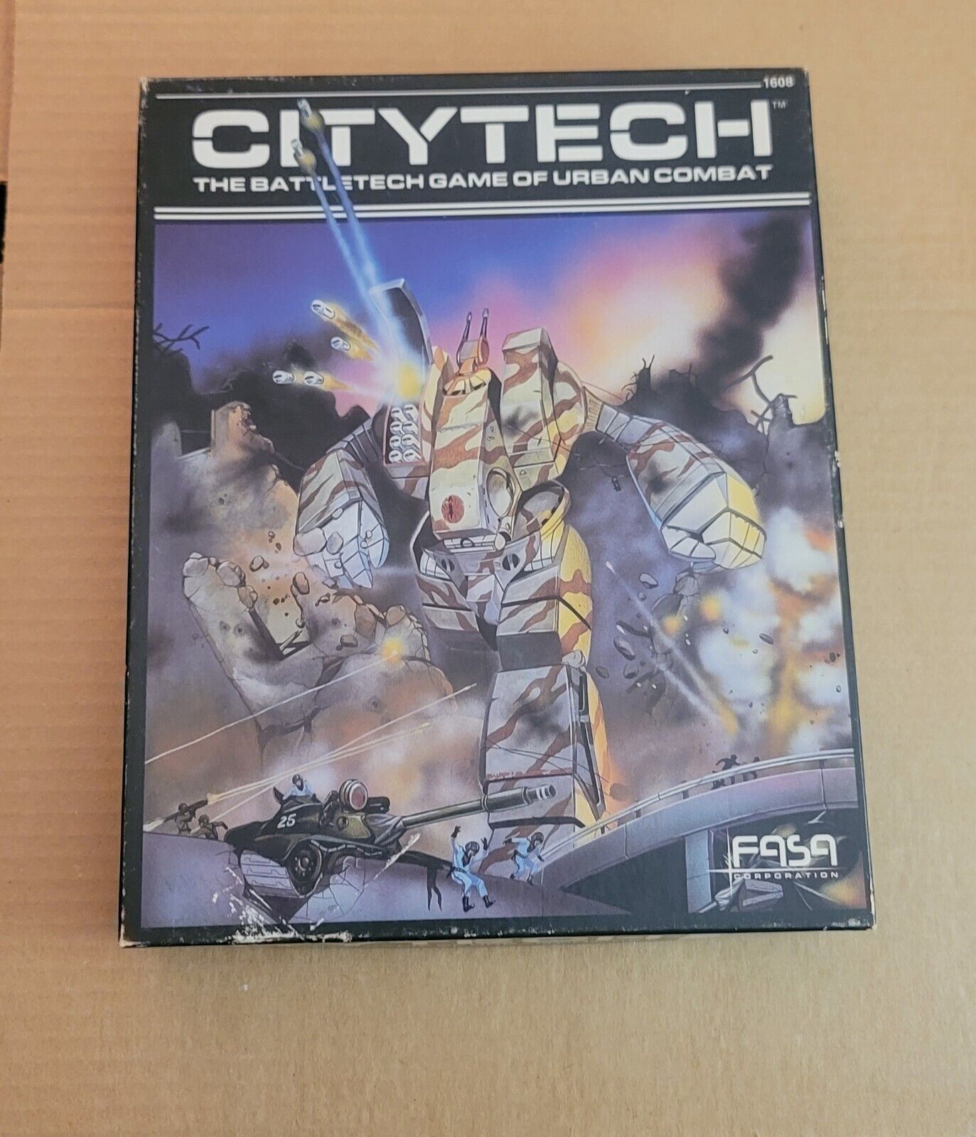 A boxed board game titled "CITYTECH - The BattleTech Game of Urban Combat" featuring artwork of a large robot amidst an explosive city battle with smaller figures and vehicles engaged in combat. The logo of FASA Corporation is visible at the bottom right.