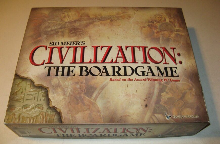 A worn-out box of "Sid Meier's Civilization: The Boardgame" with visible wear and tear on the edges, displaying the title and noting it is based on the award-winning PC game by Eagle Games.
