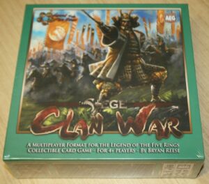 A board game box for "Clan War," a multiplayer format collectible card game for the Legend of the Five Rings, designed for 4+ players by Bryan Reese, featuring artwork of a samurai warrior leading a battle charge on the cover.