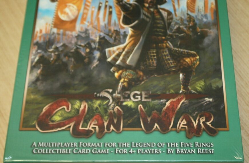 A board game box for "Clan War," a multiplayer format collectible card game for the Legend of the Five Rings, designed for 4+ players by Bryan Reese, featuring artwork of a samurai warrior leading a battle charge on the cover.