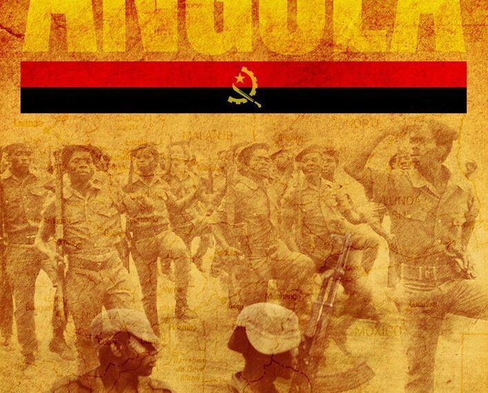 Poster with the word "ANGOLA" in large letters at the top against a yellow background featuring overlapping images of soldiers and a map, with the Angolan flag colors - red and black - and emblem in the center. The logos of Multi-Man Publishing and IGS at the bottom.