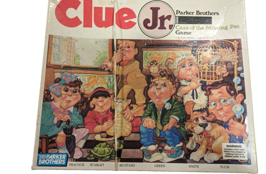 Worn board game box for "Clue Jr: Case of the Missing Pet" by Parker Brothers, featuring illustrations of six child characters with a pet and detective theme.