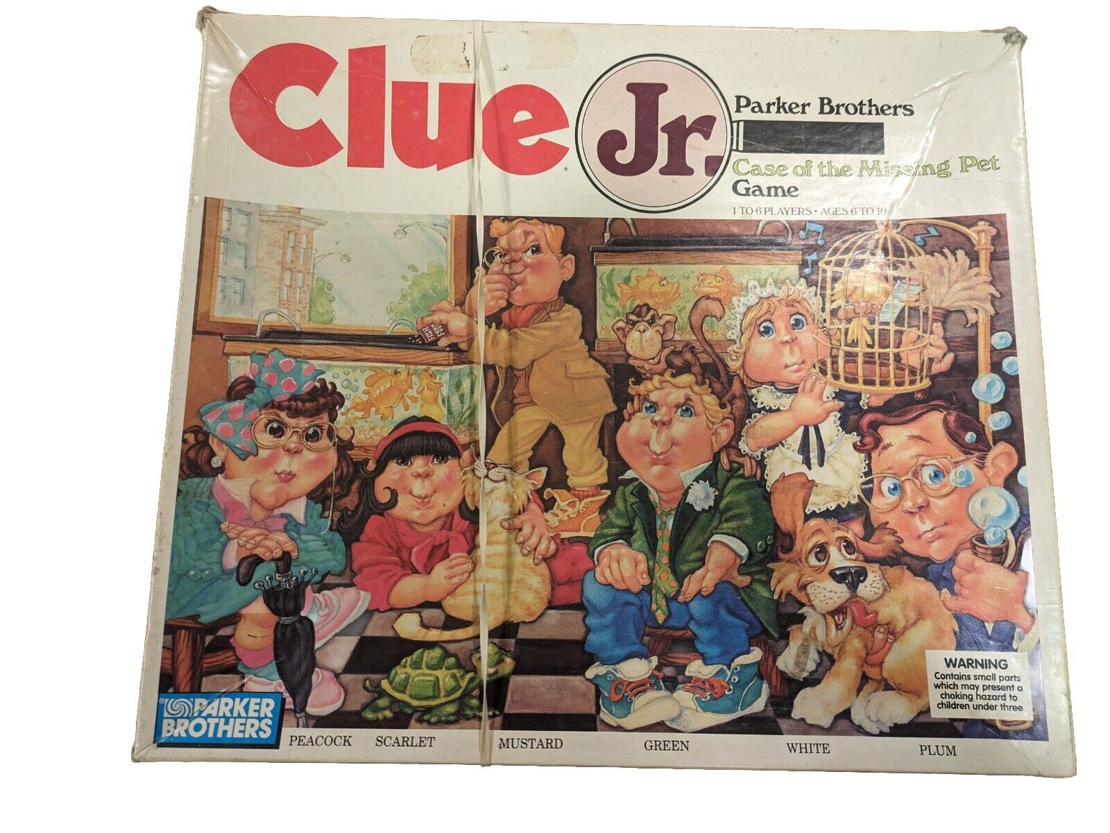 Worn board game box for "Clue Jr: Case of the Missing Pet" by Parker Brothers, featuring illustrations of six child characters with a pet and detective theme.