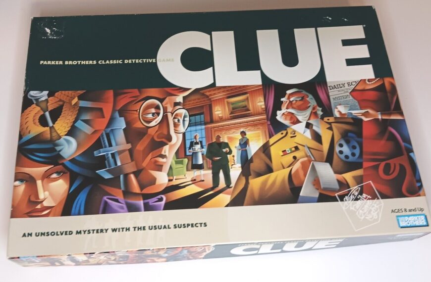 The image shows a box of the board game "Clue" from Parker Brothers, featuring stylized illustrations of classic detective game characters and mystery elements with the tagline "An unsolved mystery with the usual suspects" on the bottom. The game is suitable for ages 8 and up.