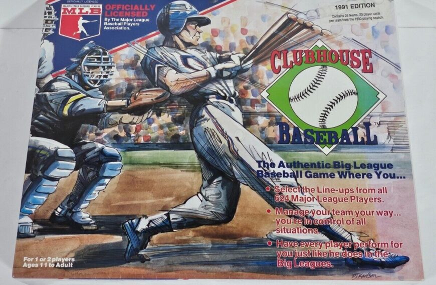 The image is of a 1991 edition of the Clubhouse Baseball board game box, featuring colorful artwork of a baseball batter and catcher in action, with game details and features listed on the front.