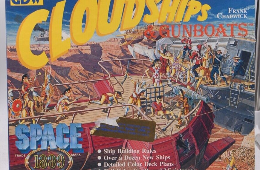 Box cover of the "CLOUDSHIPS & GUNBOATS" game, showing illustrated airships and crew in a battle, with text detailing game features such as ship building rules and cardboard miniatures.