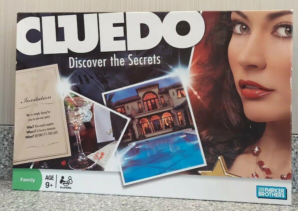 ALT text: "CLUEDO: Discover the Secrets" board game box featuring an illustration of a mysterious woman, various thematic images like an invitation and a mansion, recommended for ages 9+ and 3-6 players, by Parker Brothers.
