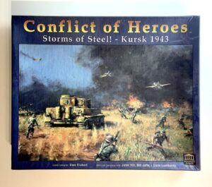 Board game cover "Conflict of Heroes: Storms of Steel! - Kursk 1943" depicting a World War II battle scene with soldiers, a tank, and airplanes.