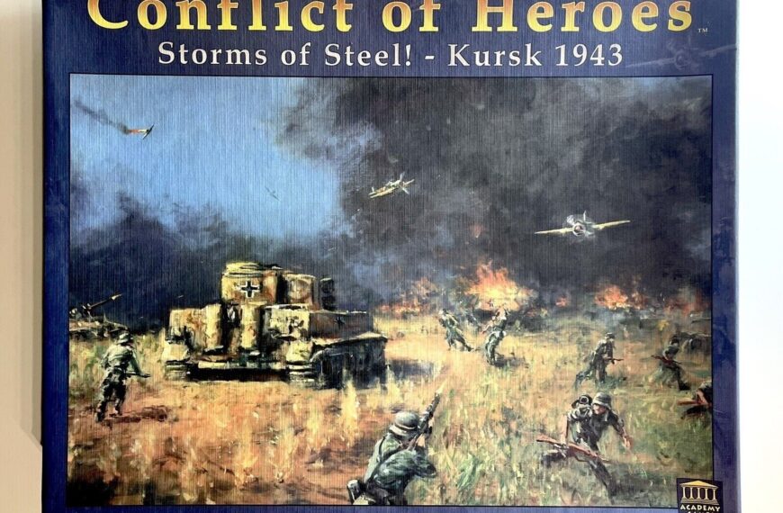Board game cover "Conflict of Heroes: Storms of Steel! - Kursk 1943" depicting a World War II battle scene with soldiers, a tank, and airplanes.